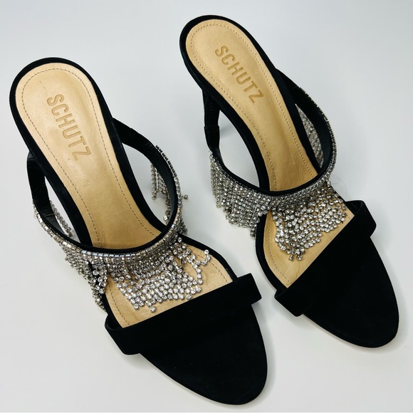 Schultz Heels w Rhinestone Sania Crystal Fringe Slide Sandal Size 8 Black Silver - Picture 3 of 8
